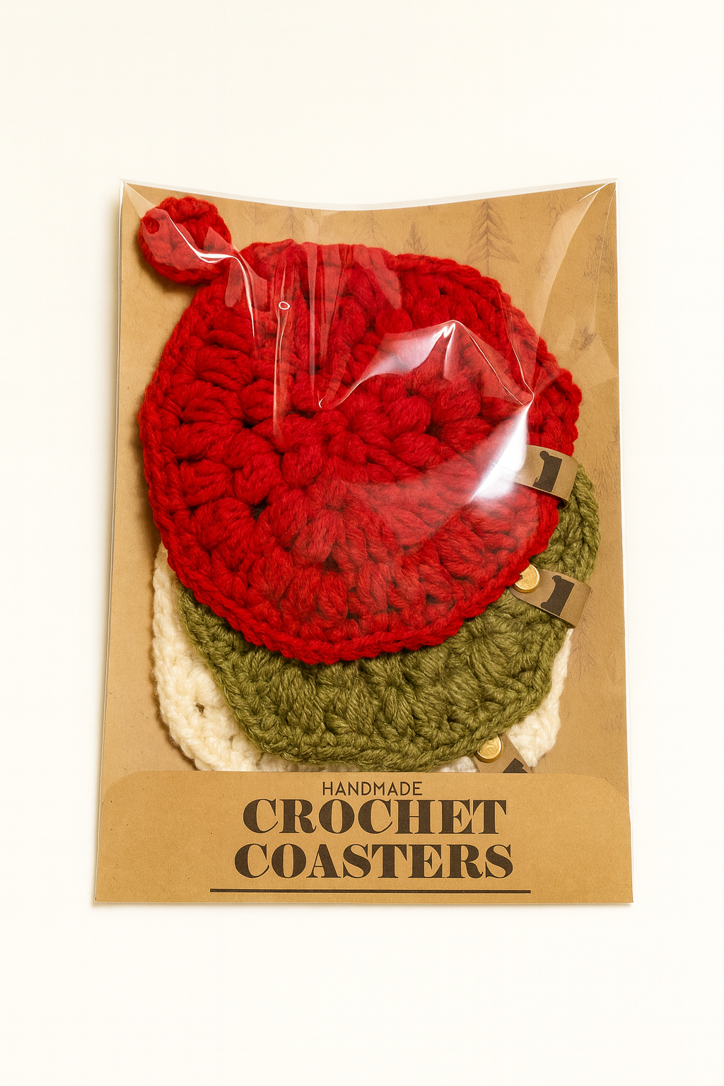 Close-up of handmade Christmas yarn coasters with hexagon shape, perfect hostess gift and cottagecore decor