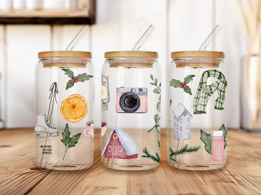 Cottagecore Winter 16 oz glass tumbler with bamboo lid and reusable glass straw. Cozy aesthetic drinkware for tea, coffee, and seasonal drinks.