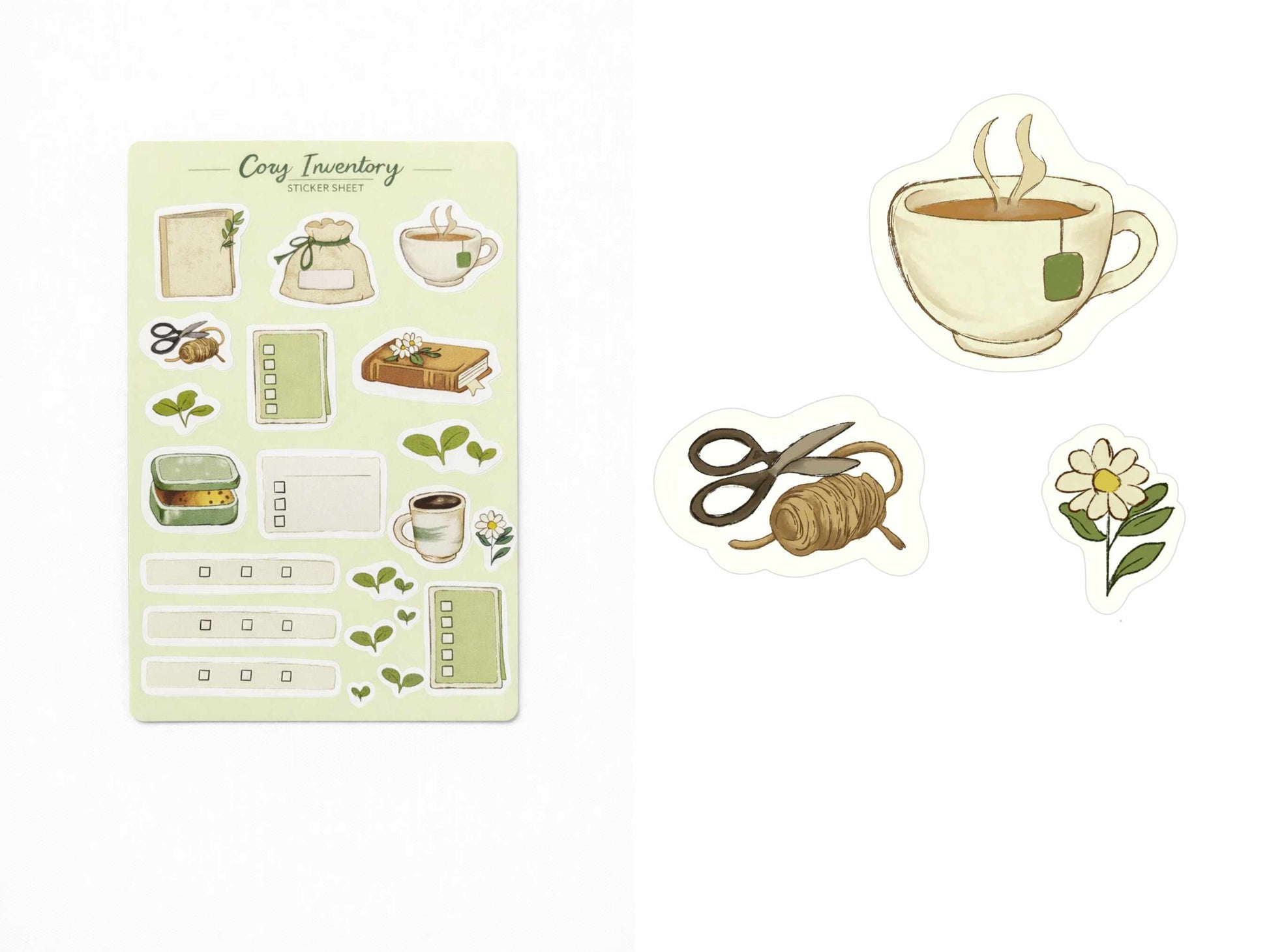 Set of decorative stickers with tea-themed illustrations on a white background