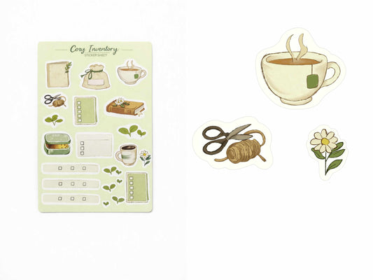 Set of decorative stickers with tea-themed illustrations on a white background
