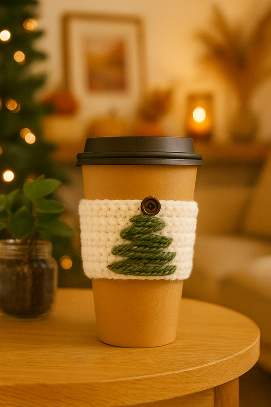 Festive crochet coffee sleeve wrapped around mug for holiday drinks and hot beverages
