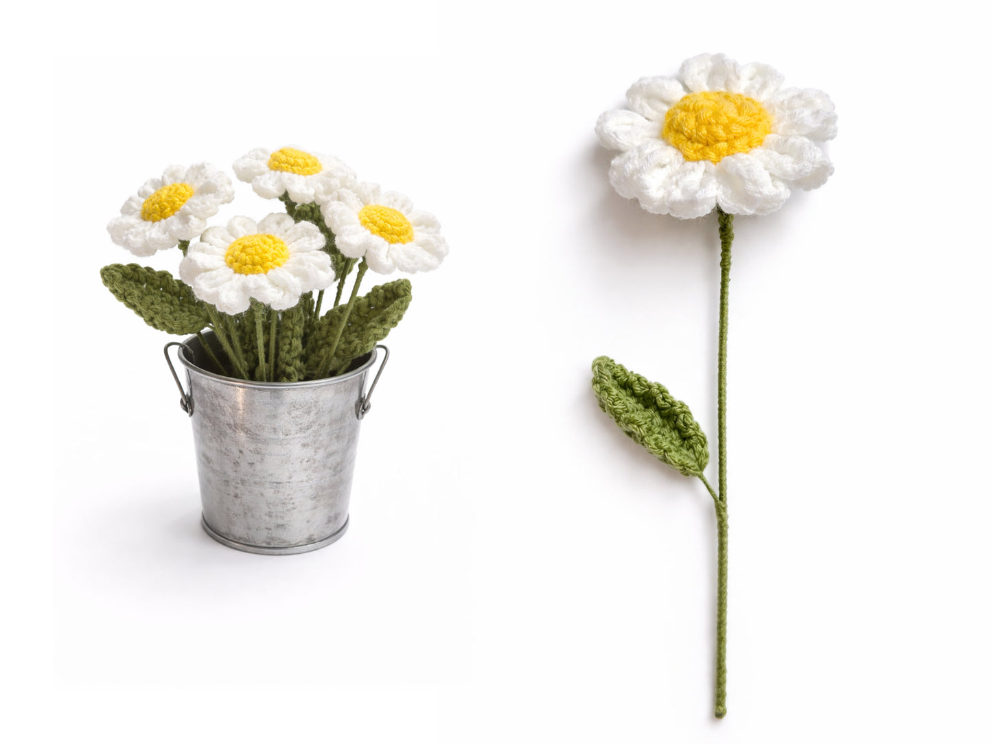 Knitted daisy flowers in a metal bucket on a white background