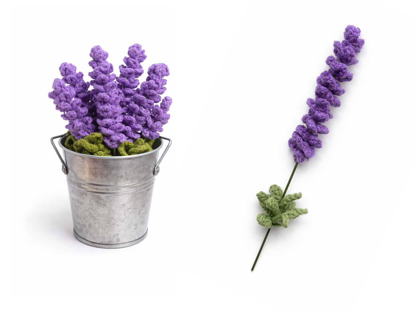 Purple lavender flowers in a metal bucket on a white background