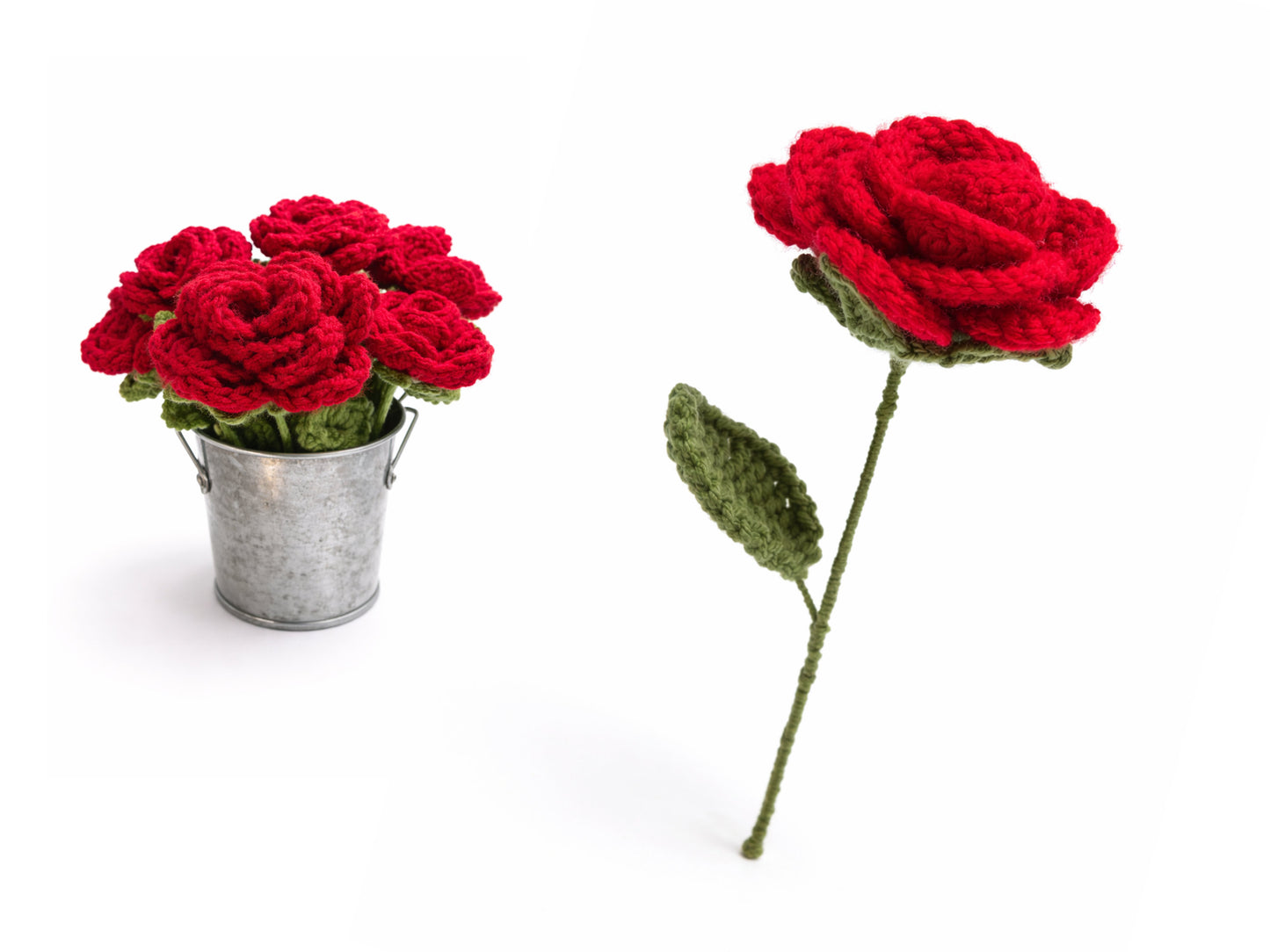Knitted red roses in a metal bucket and on a white background