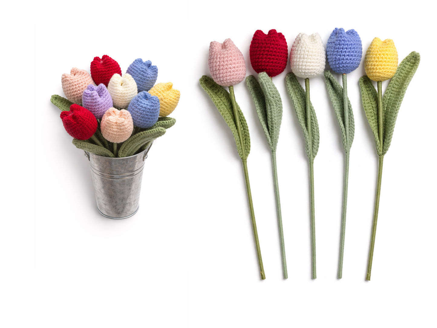 Colorful crocheted tulips in a metal bucket on a white background