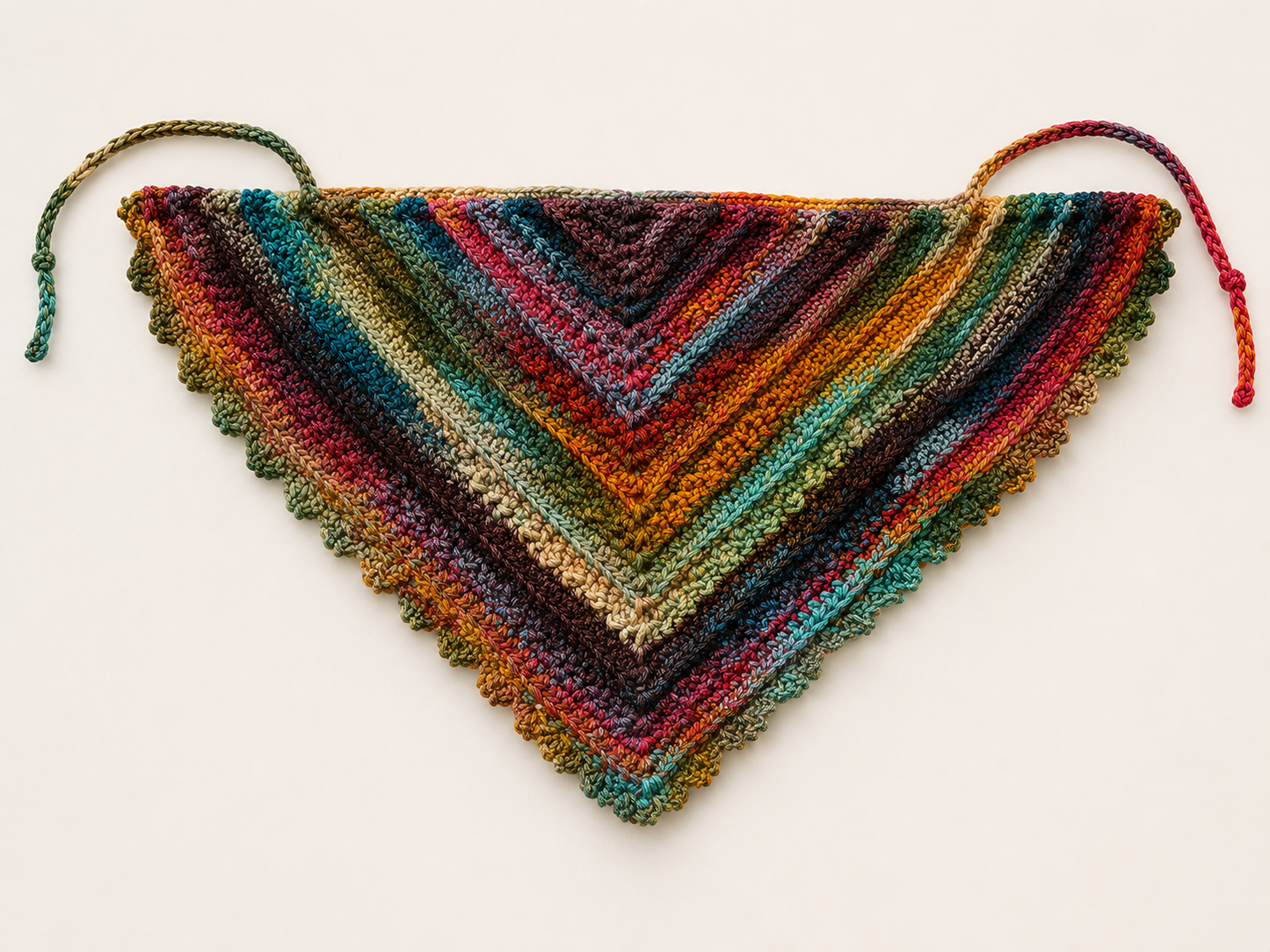 Multicolored crocheted shawl on a white background