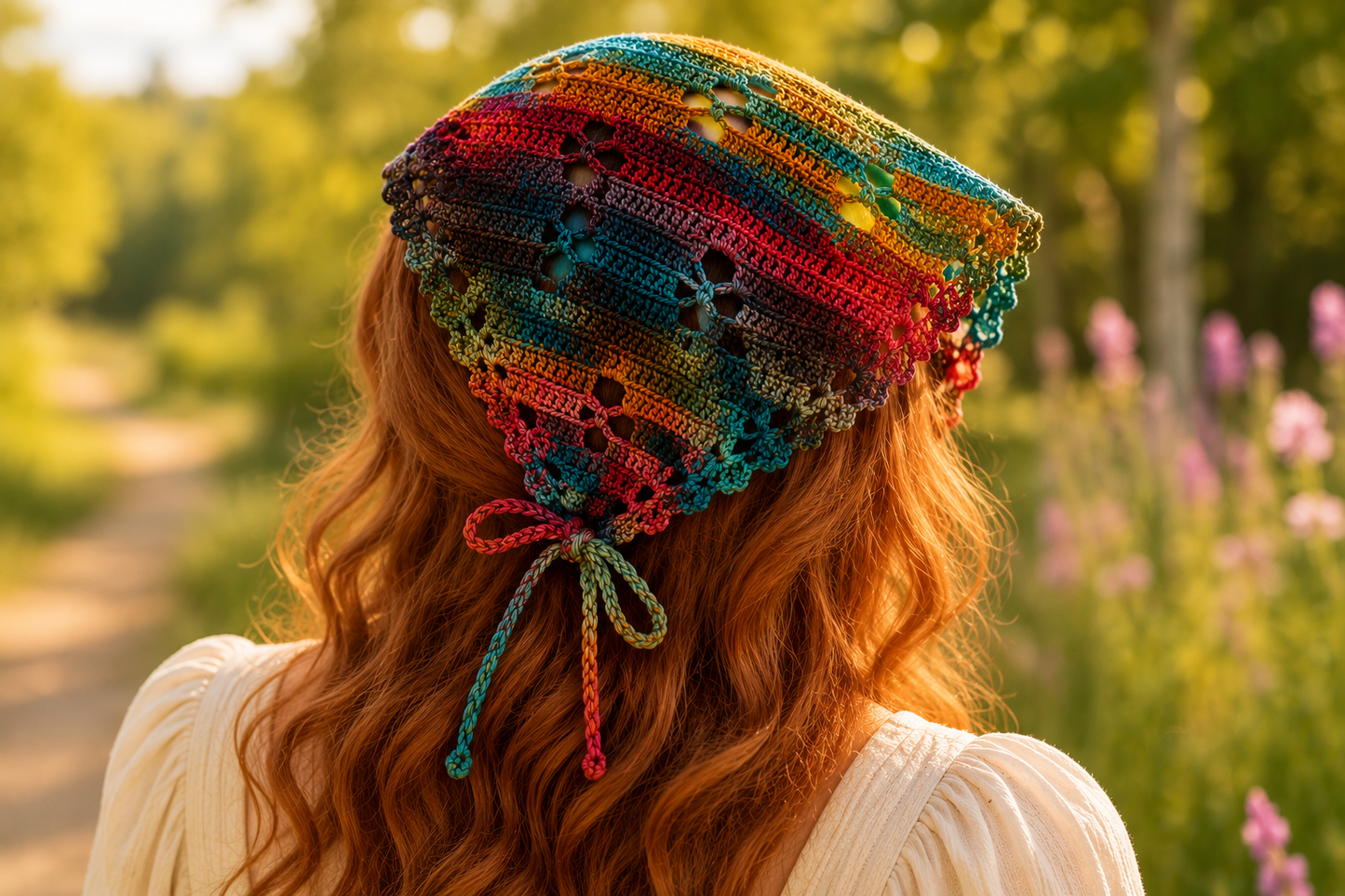 Person wearing a colorful crocheted hat in a natural setting with flowers and a path.