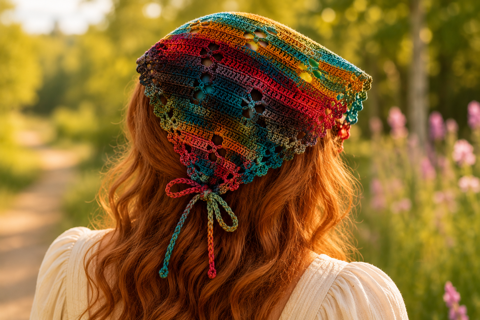 Person wearing a colorful crocheted hat in a natural setting with flowers and a path.