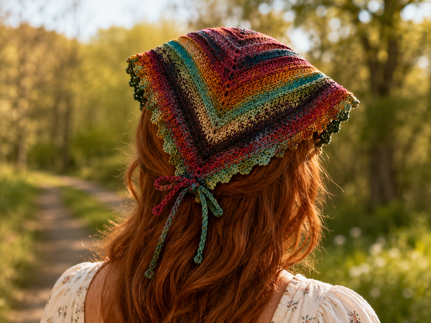 Person wearing a colorful crocheted hat in a forest setting