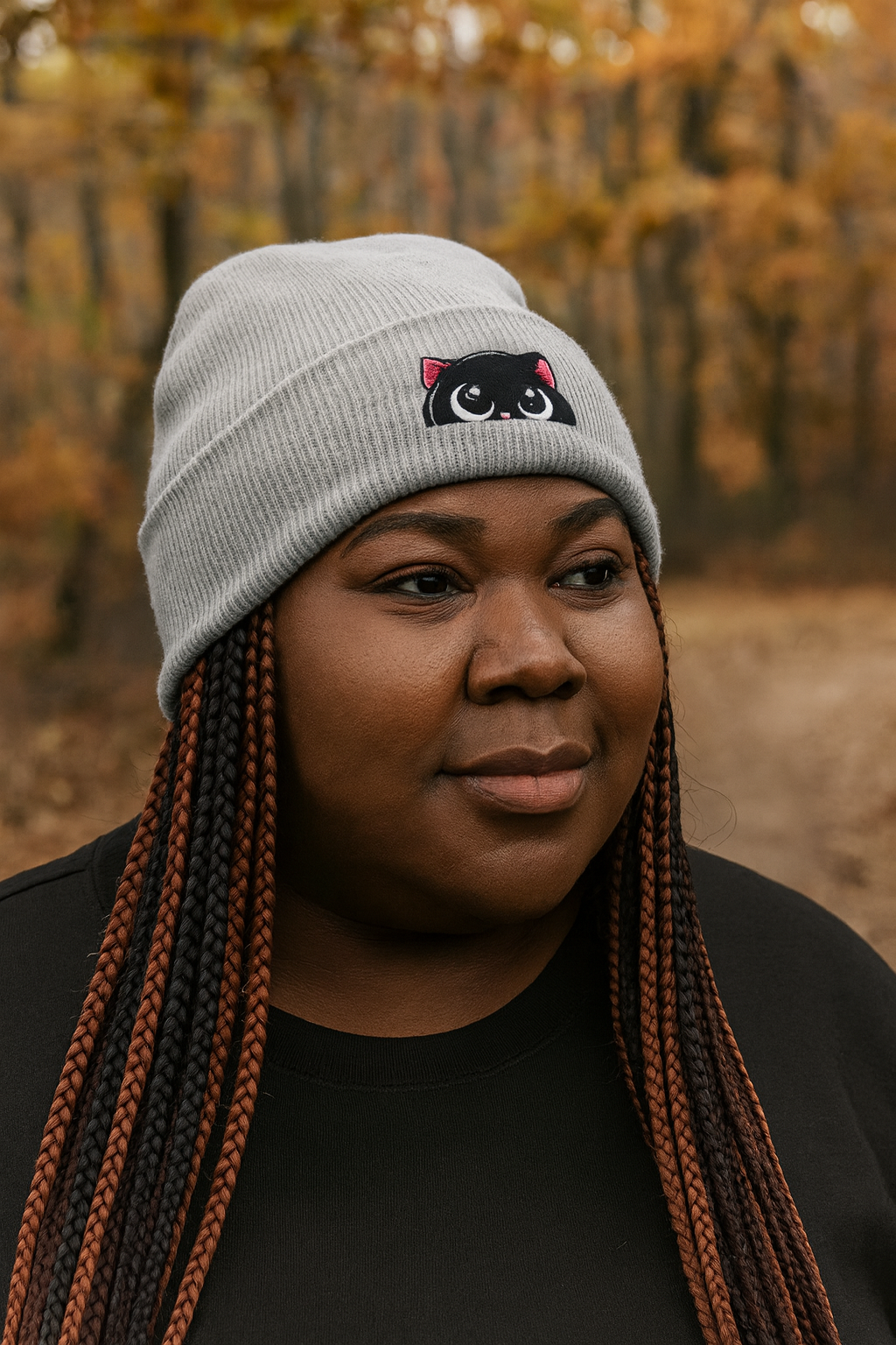 Model wearing heather grey cuffed beanie in outdoor autumn setting, showcasing versatile cold weather style