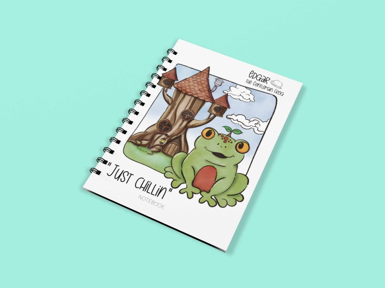 Front view of Edgar the Gentleman Frog Chillin' Notebook with hand-drawn frog illustration on a 4x6 spiral cover.