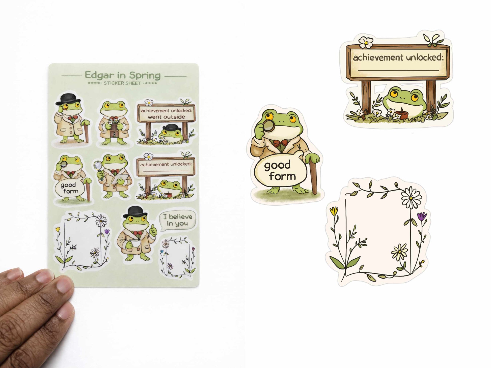 Sticker sheet with cartoon frogs and decorative elements on a white background