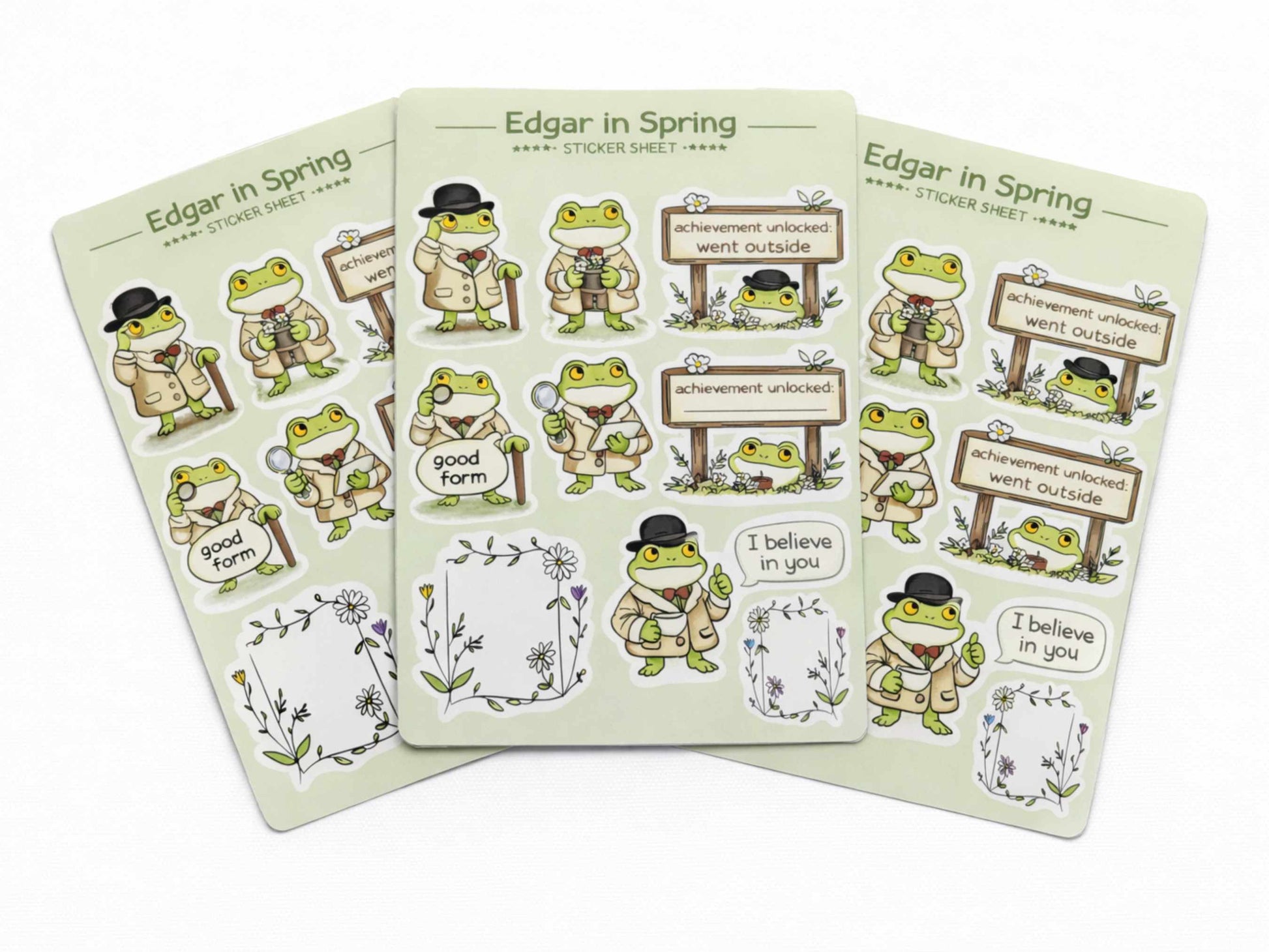 Three sticker sheets featuring a frog character with various phrases and graphics on a white background.