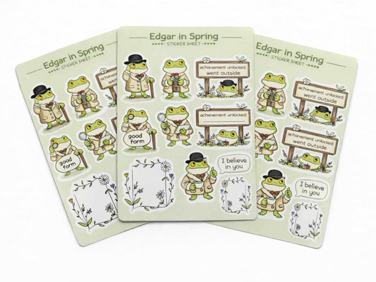 Three sticker sheets featuring a frog character with various phrases and graphics on a white background.