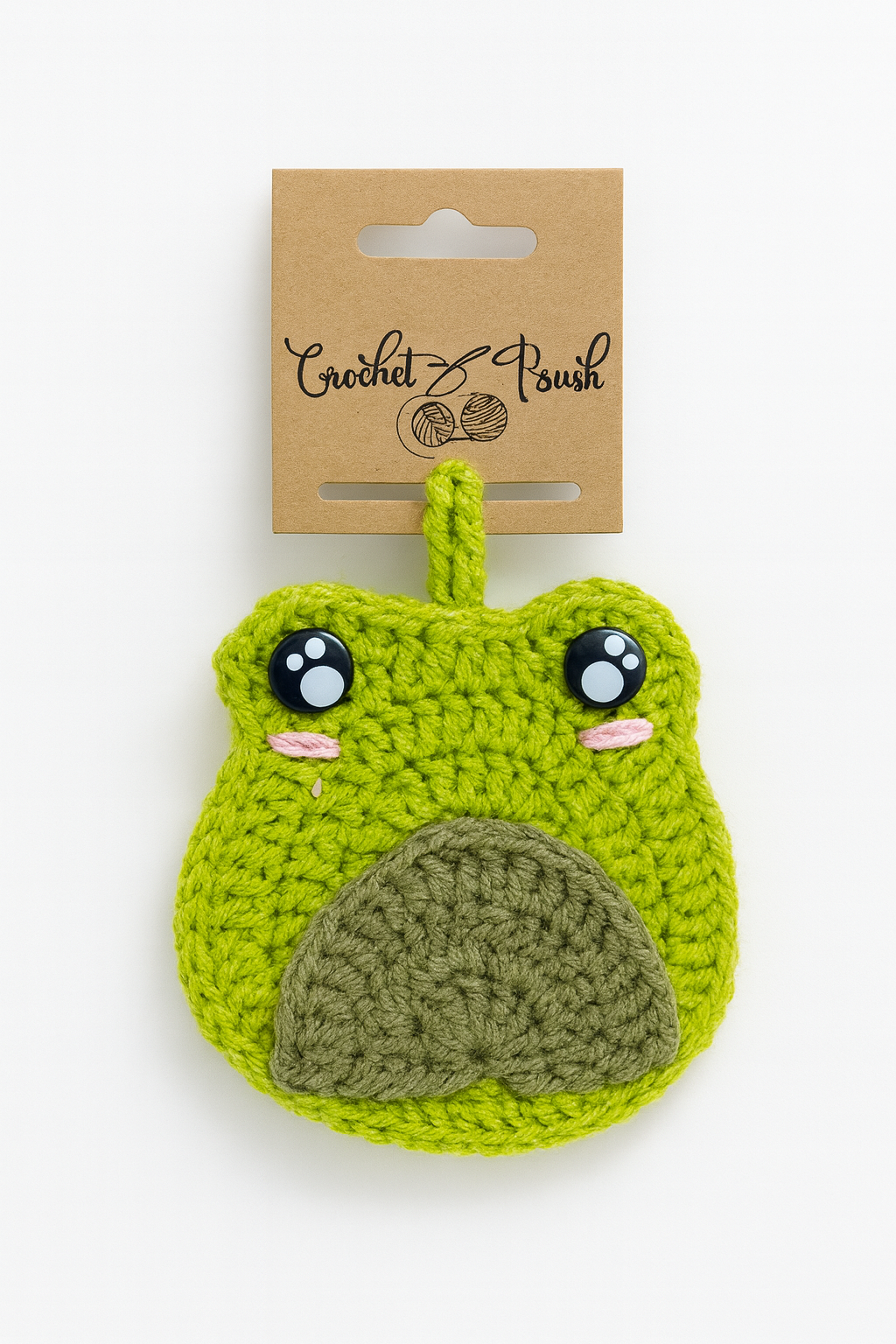 Handmade crochet frog bag charm with green tummy, adorable handmade keychain for nature lovers