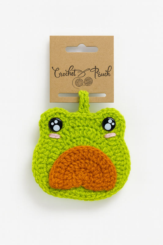 Handmade crochet frog bag charm with orange tummy, cottagecore keychain accessory for frog lovers