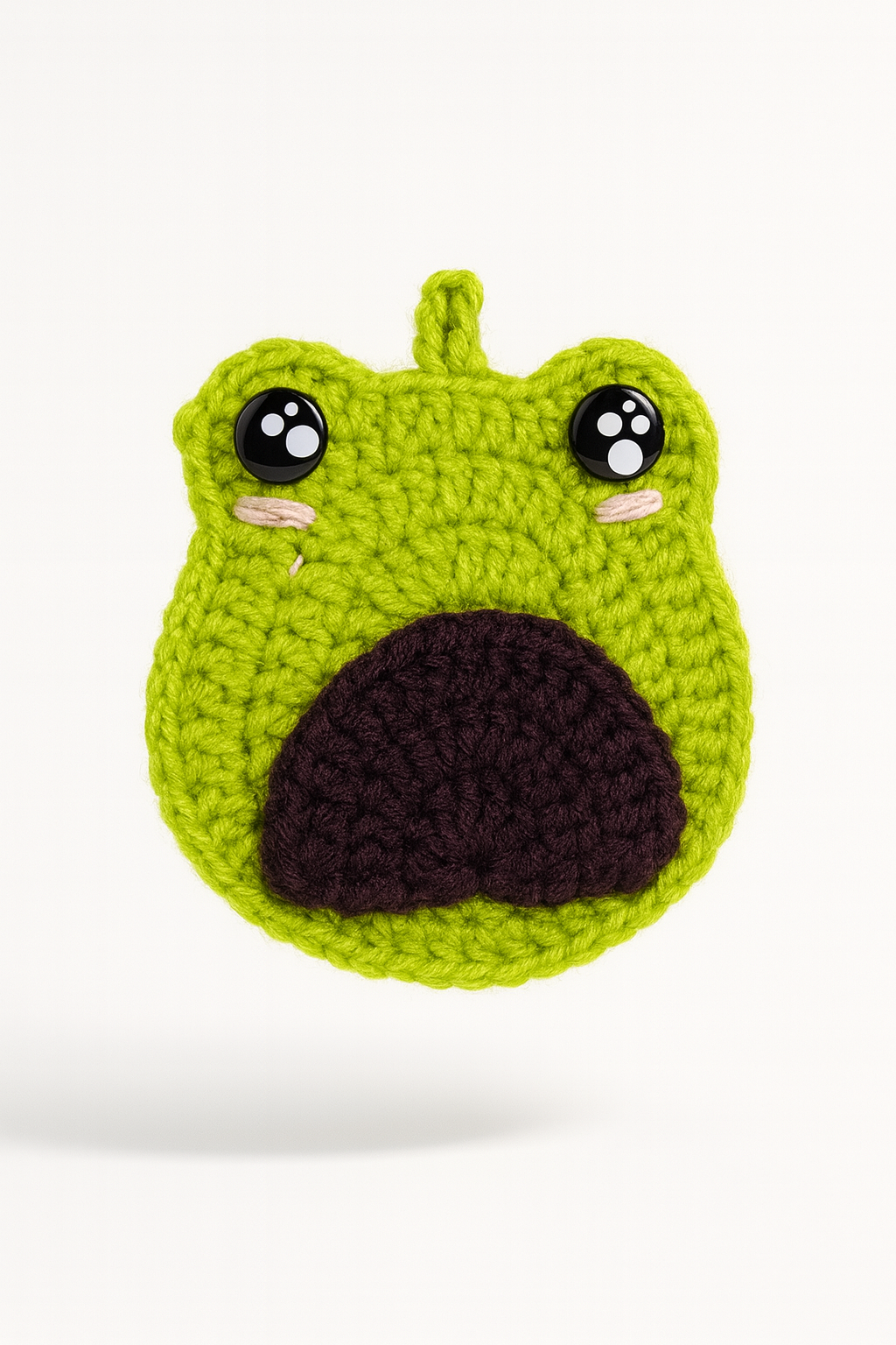 Handmade crochet frog bag charm with purple tummy, cute keychain accessory for bags and backpacks