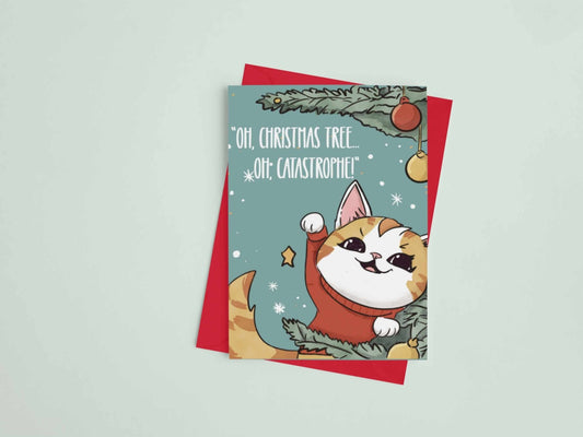 Funny cat Christmas card with Oh Christmas Tree Oh Catastrophe design featuring cute kitty and holiday tree