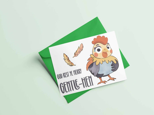 Funny chicken Christmas card with God rest ye merry Gentle-Hen pun featuring cute hen illustration
