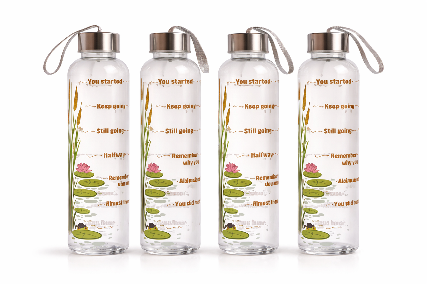 Four transparent water bottles with motivational text and illustrations on a white background