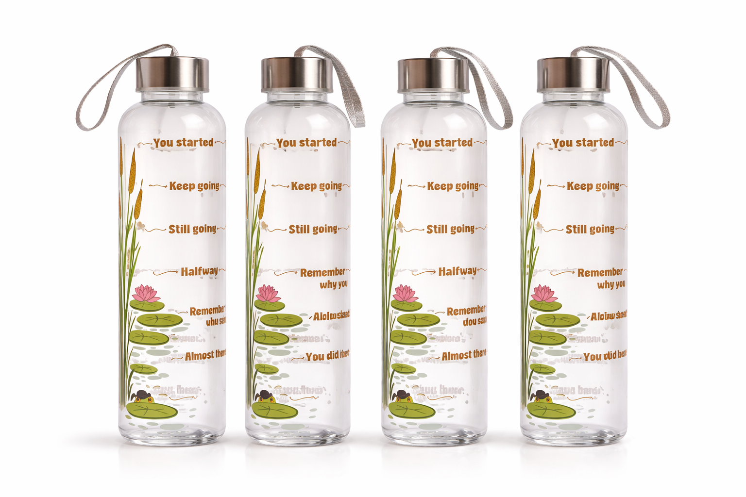 Four transparent water bottles with motivational text and illustrations on a white background