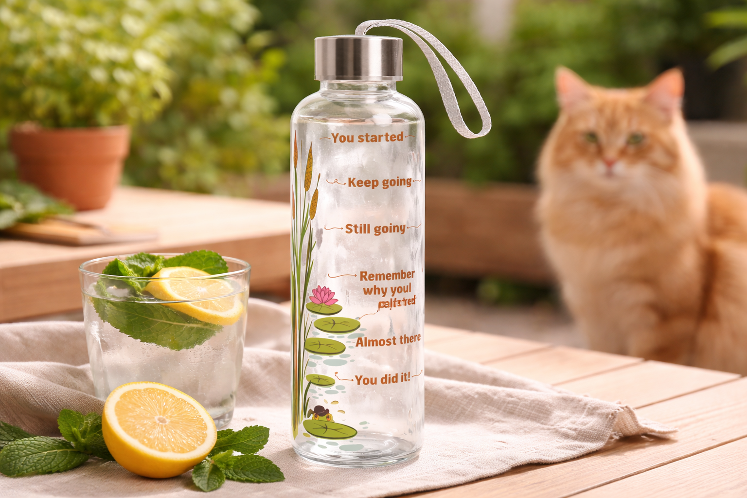 Clear motivational water bottle with a cat sitting on a wooden table in the background