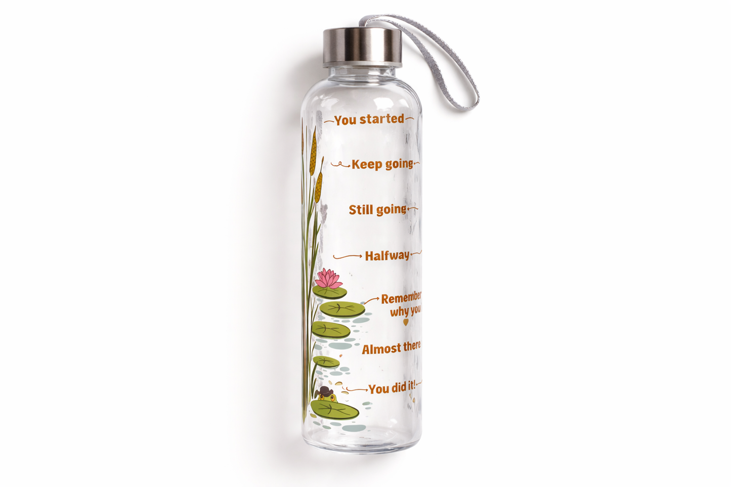 Clear water bottle with motivational quote and progress markers on a white background