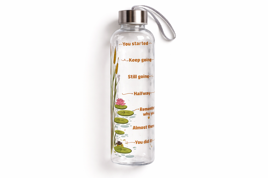 Clear water bottle with motivational quote and progress markers on a white background