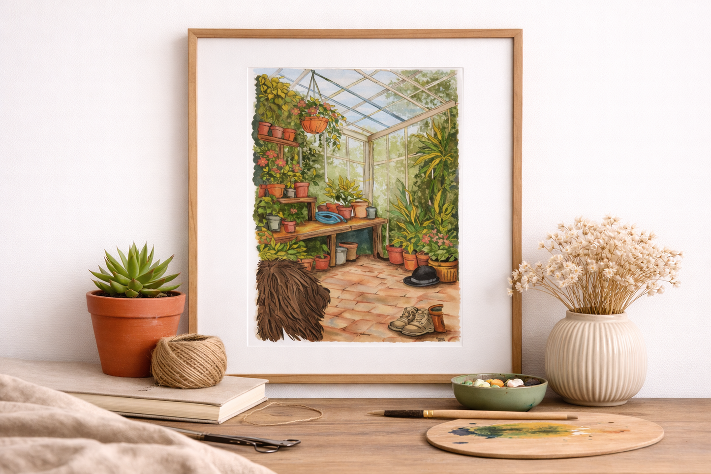 Framed artwork of a greenhouse on a wooden surface with decor items.