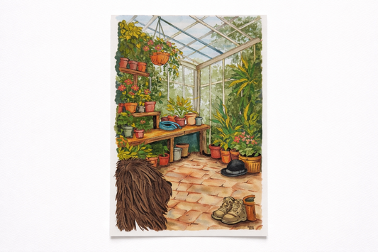 Illustration of a greenhouse with plants and gardening tools on a white background