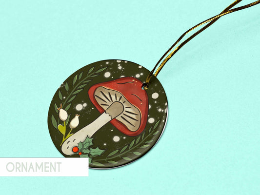 Handmade ceramic mushroom ornament with woodland-inspired design for holiday decorating