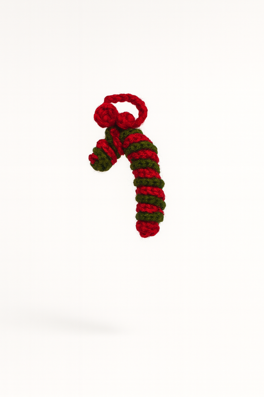 Handmade crochet candy cane Christmas ornament in red and green stripes