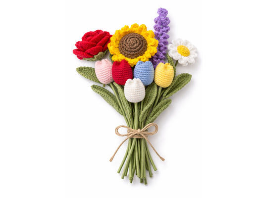 Handmade crochet flower stems in tulip, sunflower, daisy, rose, and lavender styles