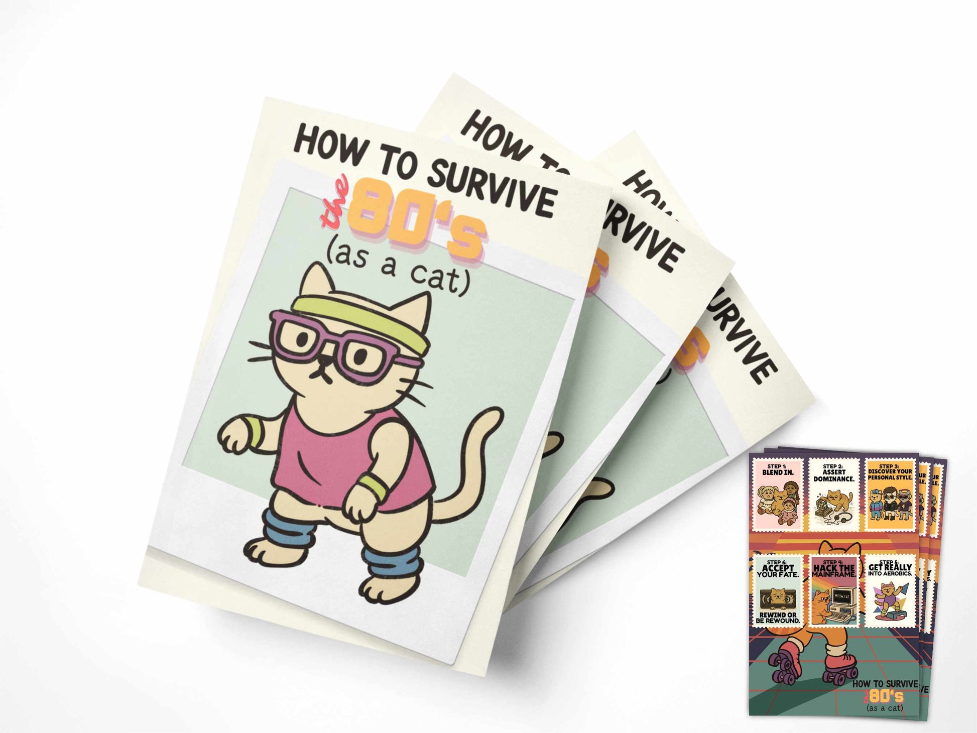 Stack of How to Survive the 80s (as a Cat) zines with mini sticker sheet featuring six retro cat illustrations