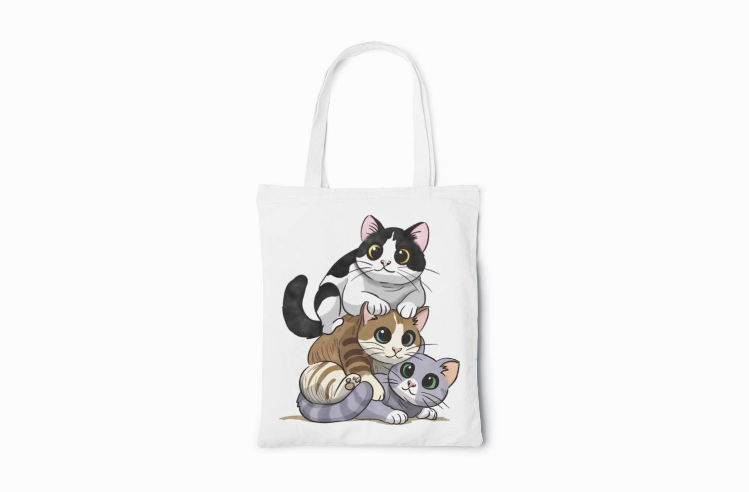 Kitty Stack tote bag with hand-drawn trio of stacked cats on white background, 16x15 inch reusable cotton grocery bag