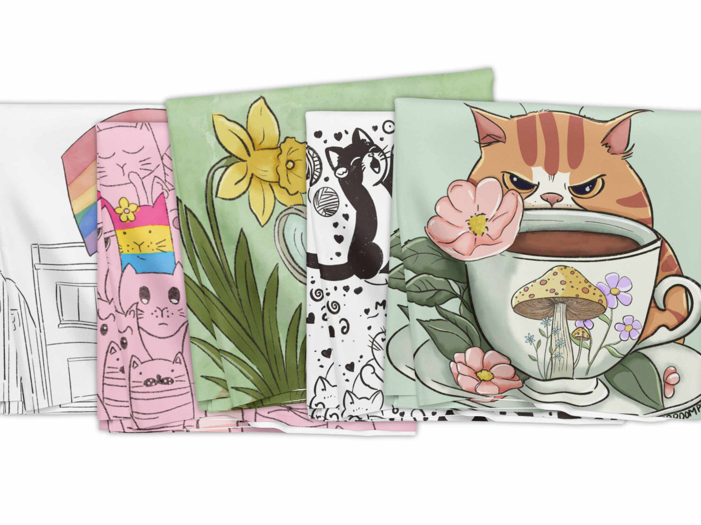 Group of microfiber cleaning cloths featuring original cat and frog artwork in bright and botanical styles