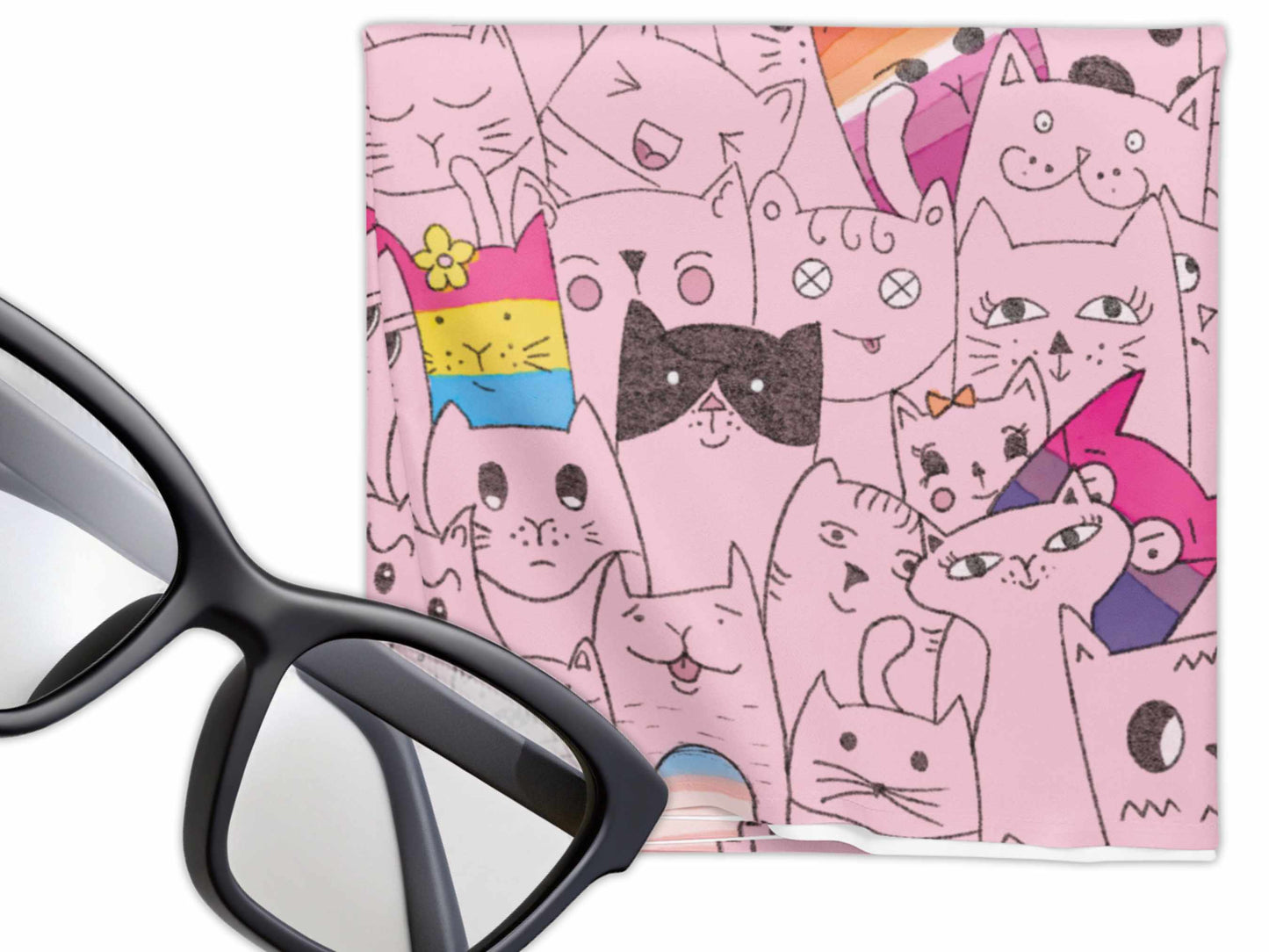 Microfiber cleaning cloth featuring pink cats with pride flags, sunglasses, and diverse expressions