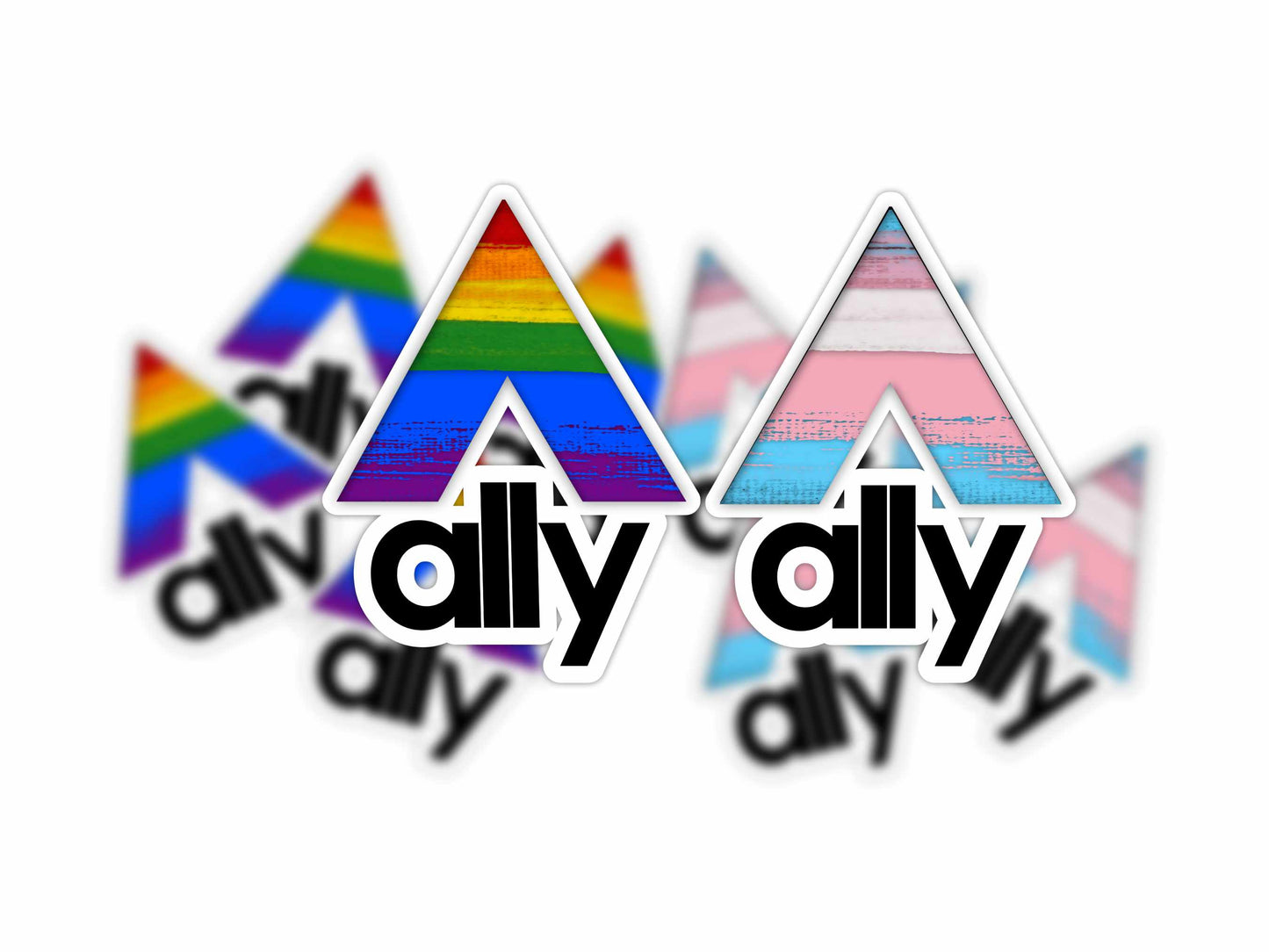 Ally pride stickers featuring rainbow and trans flag designs with bold "ally" text, shown stacked in a product spread