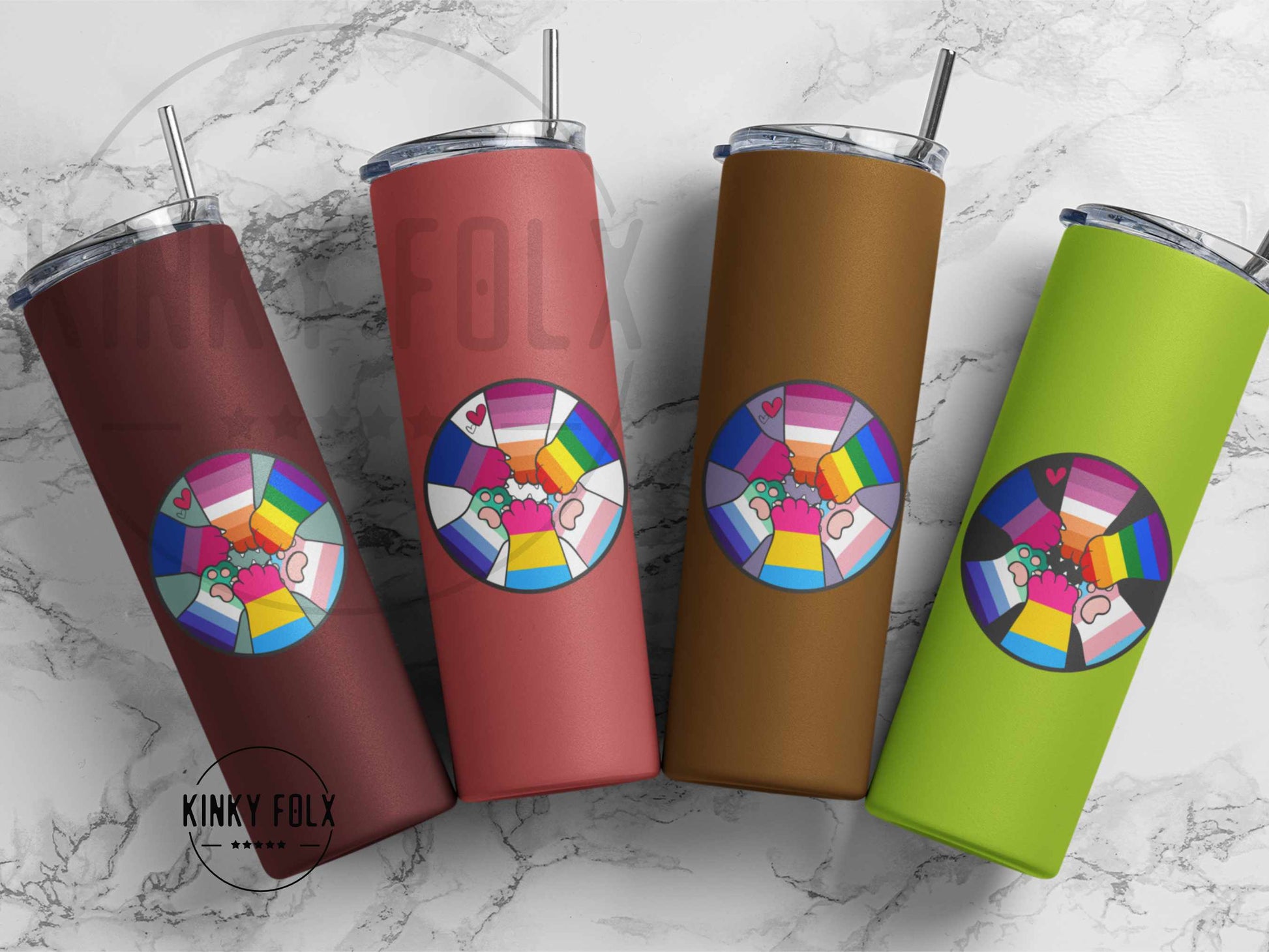 LGBTQ Kitty Power sticker shown on colorful tumblers, displaying rainbow pride cat paws in a circle of solidarity
