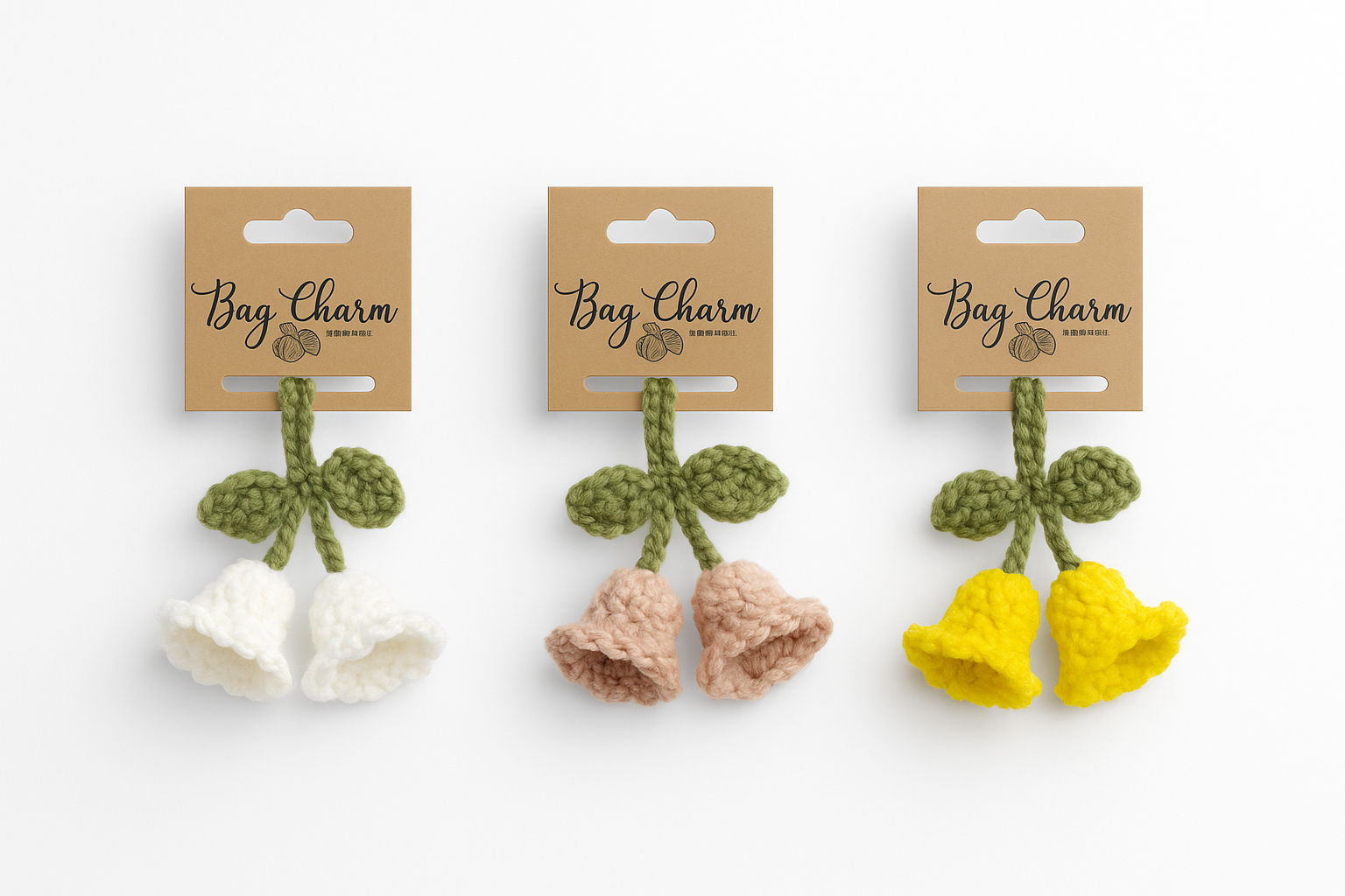 Handmade crochet lily of the valley bag charm with white, peach, and yellow flowers, cottagecore keychain accessory