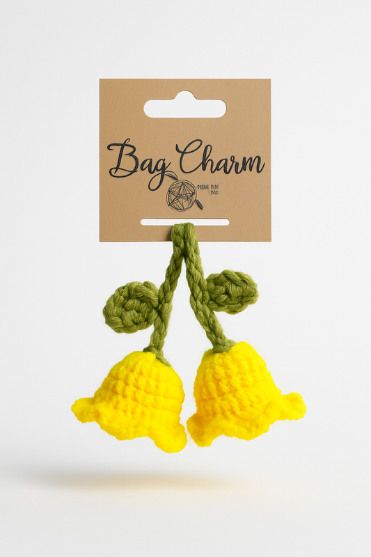 Crochet lily of the valley bag charm with yellow flowers, handmade botanical keychain for flower lovers