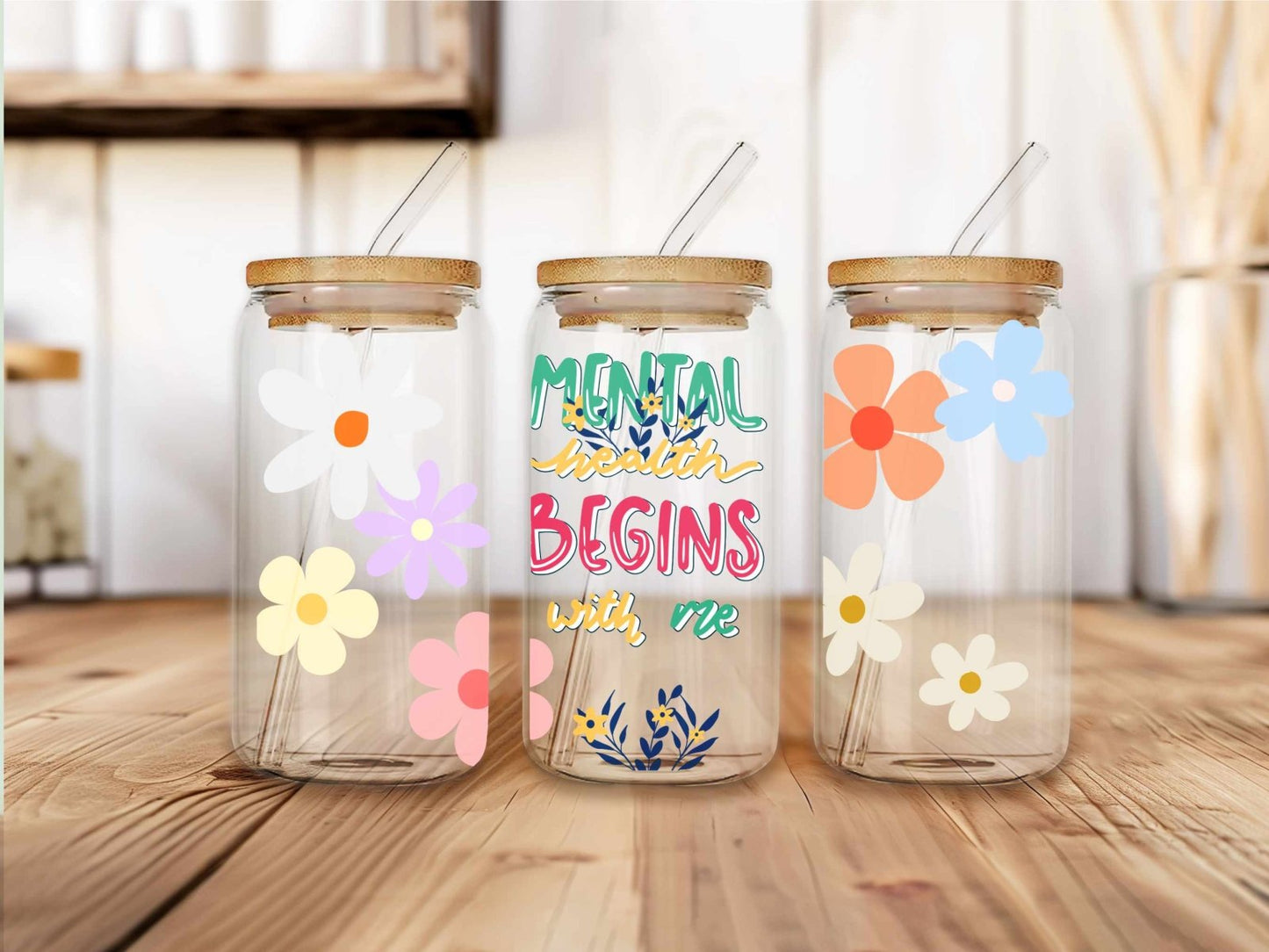 Mental Health Matters 16 oz glass tumbler with bamboo lid and reusable glass straw. Aesthetic drinkware for self-care, mindfulness, and hydration.