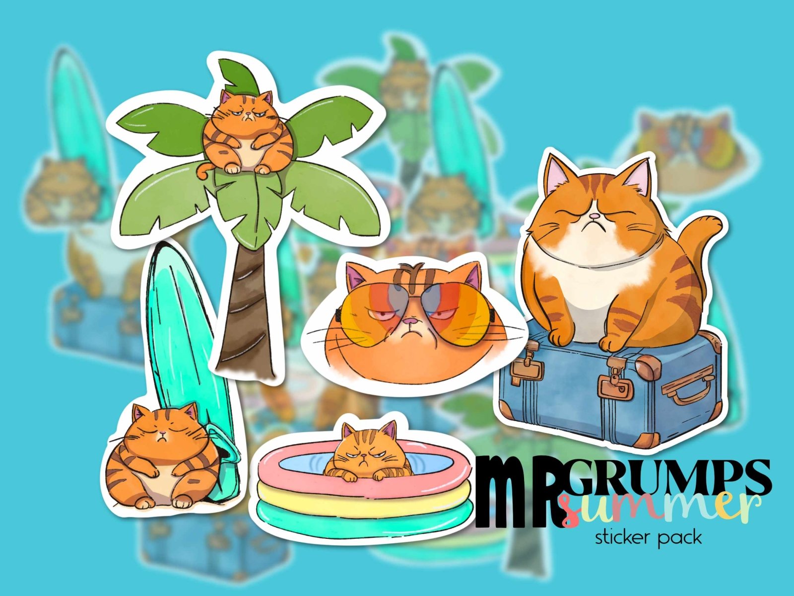 Full set of 5 Mr. Grumps Summer Stickers featuring a fat orange cat in waterproof and weatherproof vinyl designs