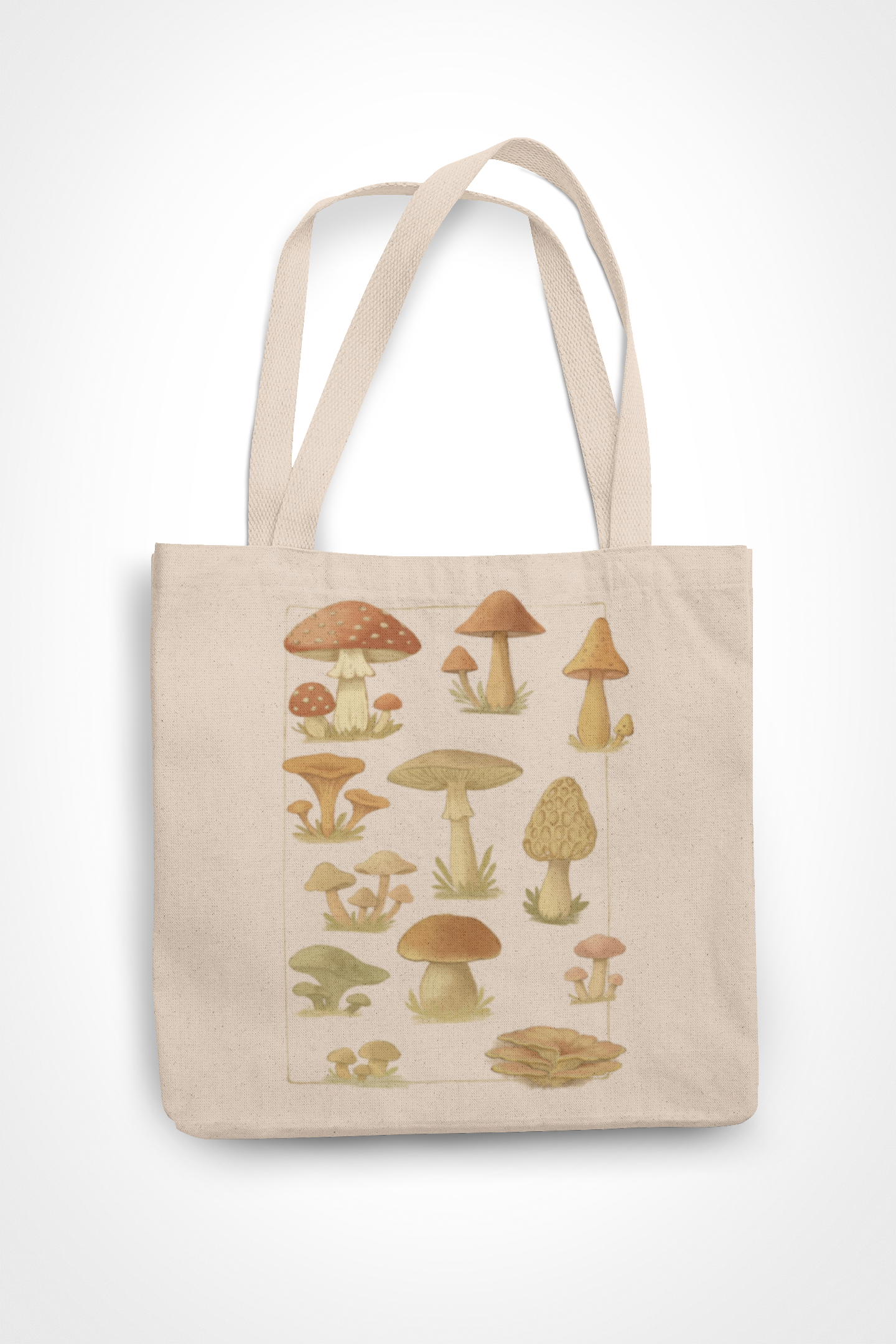 Natural canvas tote bag featuring illustrated mushroom field guide with various fungi species including toadstools, morels, and woodland mushrooms in earthy tones