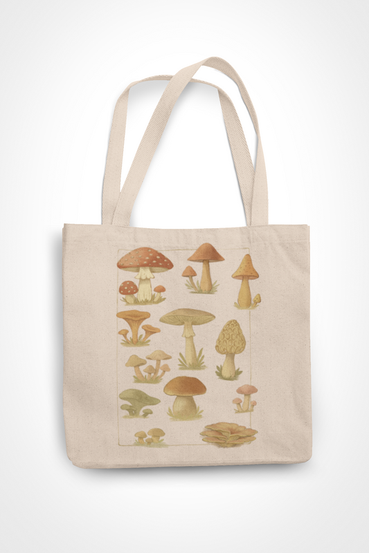 Natural canvas tote bag featuring illustrated mushroom field guide with various fungi species including toadstools, morels, and woodland mushrooms in earthy tones