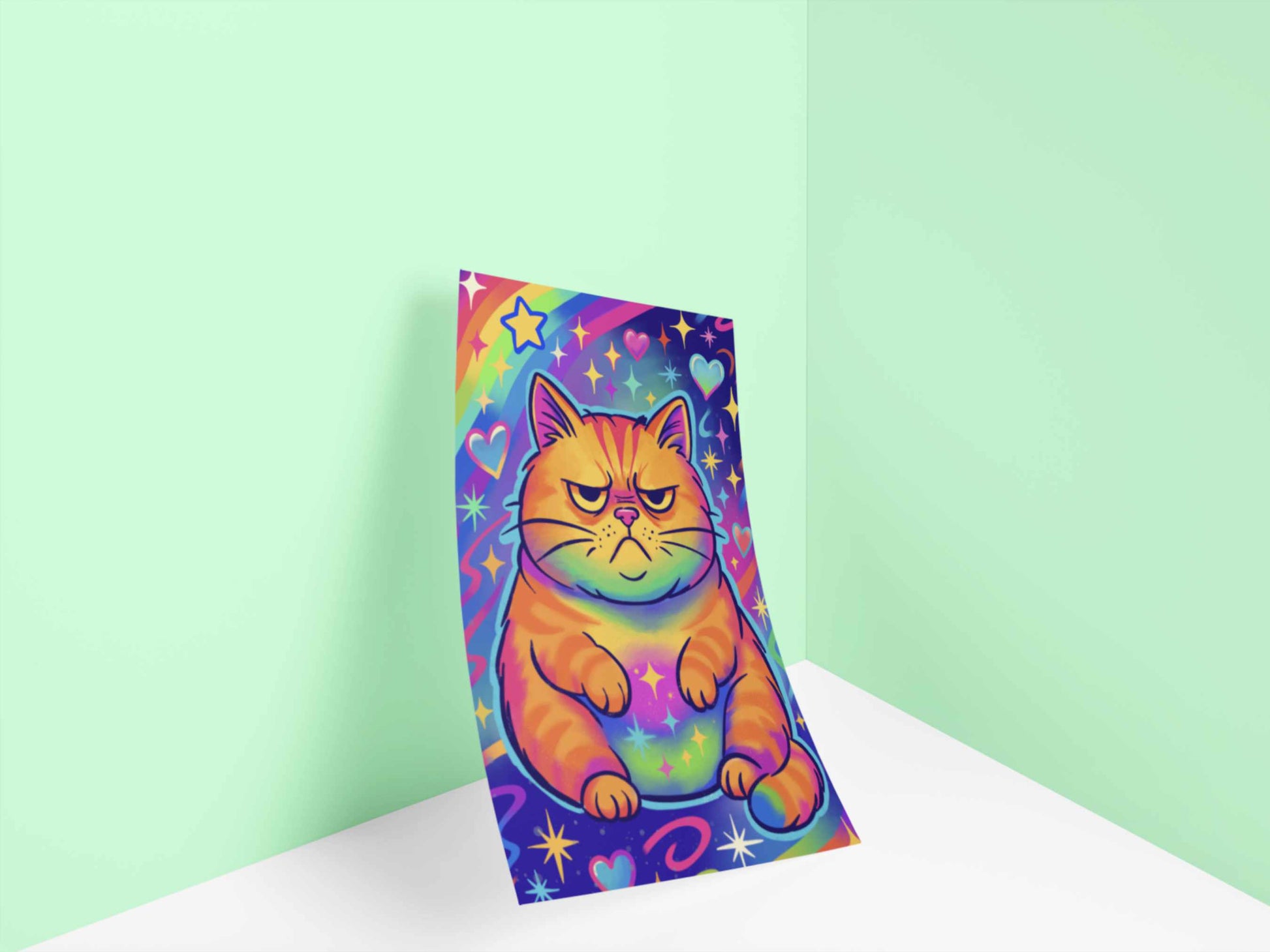 Rainbow cat art print titled "Neon Regret" displayed leaning against pastel green wall, vibrant 80s-inspired illustration
