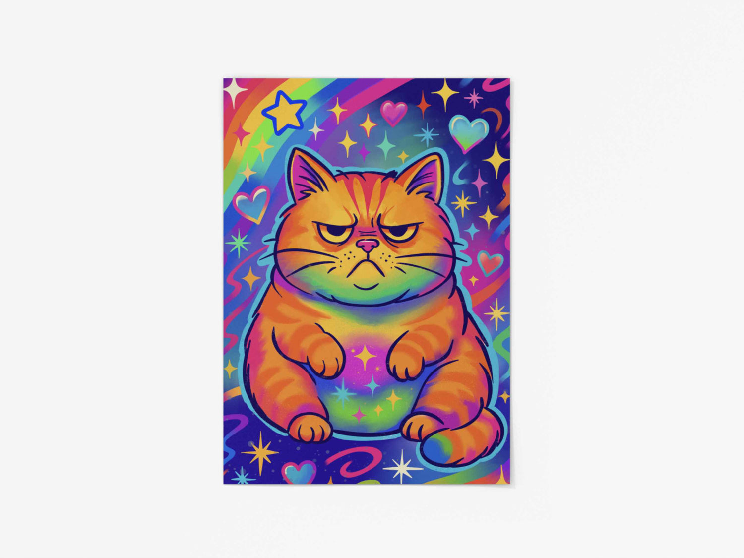 5x7 art print of a moody orange tabby cat with rainbow background, hearts, and sparkles – flat lay on white surface