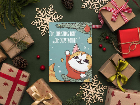 A6 cat Christmas greeting card with red envelope for funny holiday greetings and cat lovers