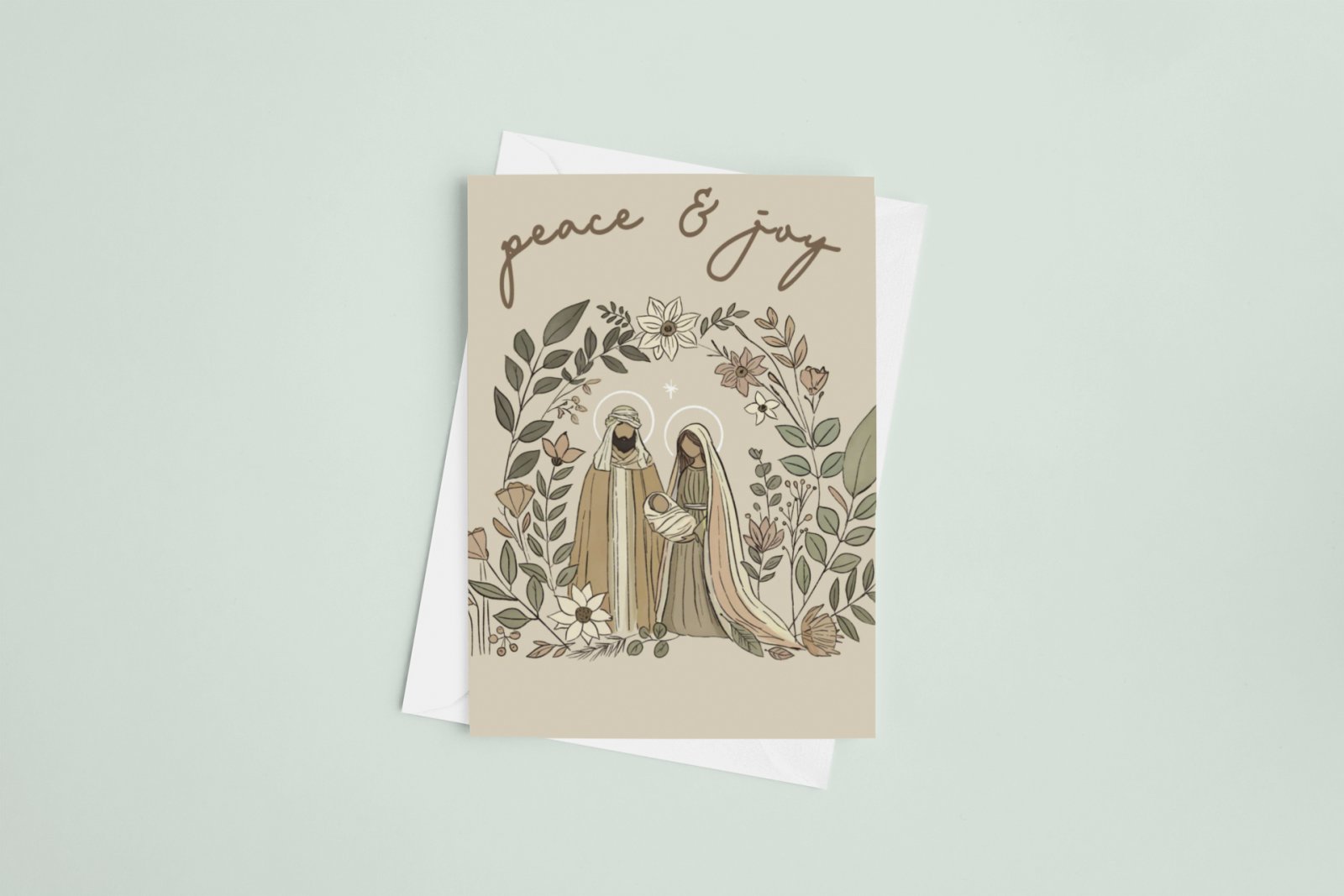 Peace and Joy Christmas card with watercolor earth tone design, A6 holiday greeting for peaceful wishes