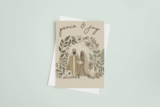 Peace and Joy Christmas card with watercolor earth tone design, A6 holiday greeting for peaceful wishes